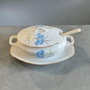 Vintage Blue Iris Porcelain Mini Condiment Tureen 3 Piece Set Gold Trim Spoon